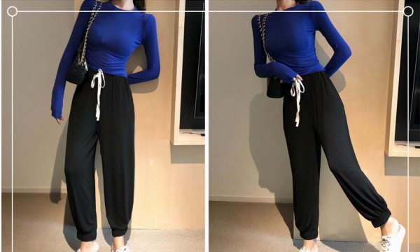 蓝上衣配啥颜色裤子女图片