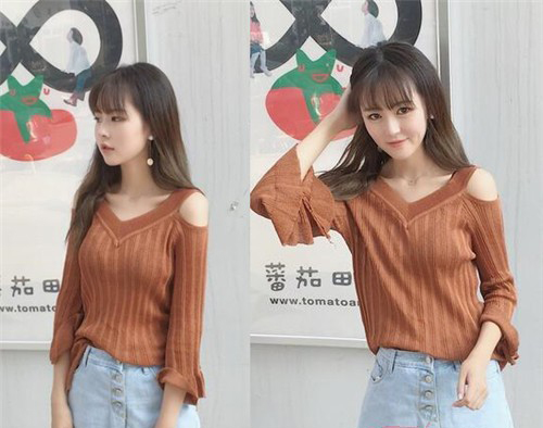 韩版女装秋装新款露肩紧身针织衫