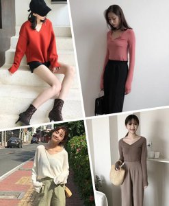 V领长袖T恤搭配 这么穿脸都小一圈了