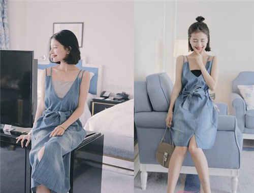 属于少女的青春牛仔吊带裙