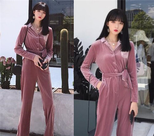 韩风丝绒宽松连体裤带着腔调美