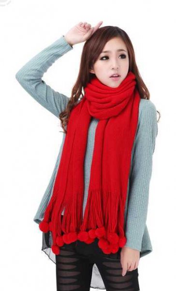冬季大红色针织毛线围巾