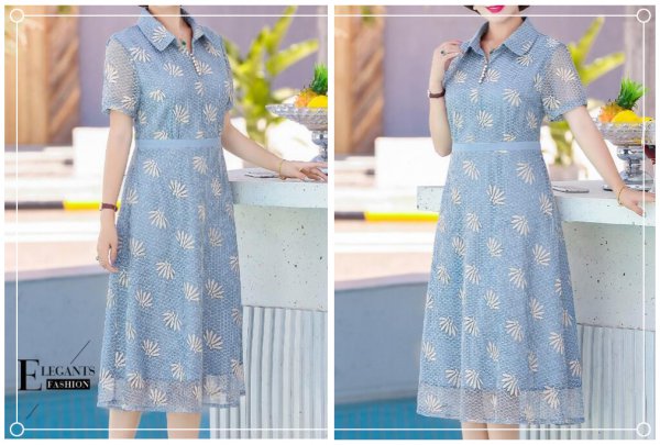 适合50—60岁中老年妈妈的蓝色连衣裙款式