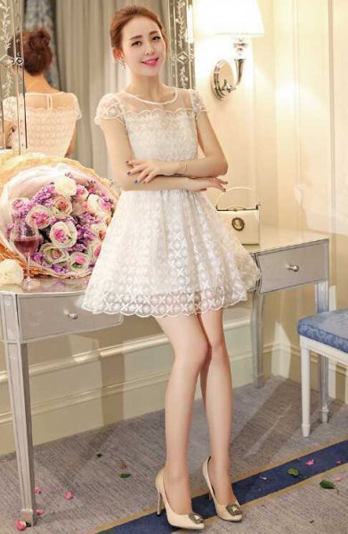 夏季新款白色甜美蕾丝连衣裙
