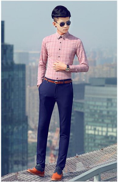 韩版男装英伦风格子长袖衬衫