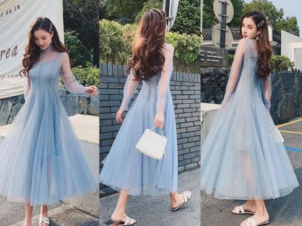 2023女式流行的蓝色长裙