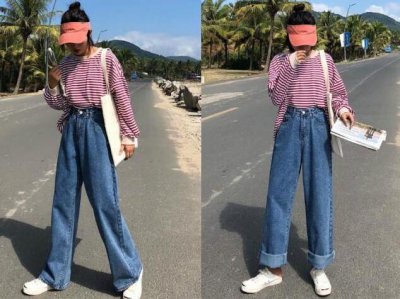 高腰阔腿牛仔裤搭配图片 女士高腰牛仔阔腿裤流行款式