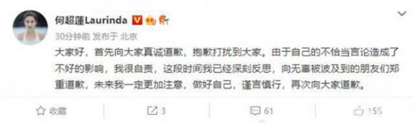 何超莲就不当言论道歉