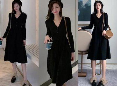黑色长款连衣裙图片 2023年新款黑色长款连衣裙