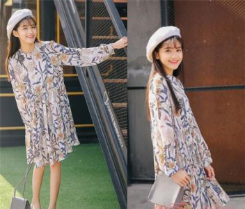 韩版碎花长袖连衣裙搭配 女款韩版连衣裙高腰
